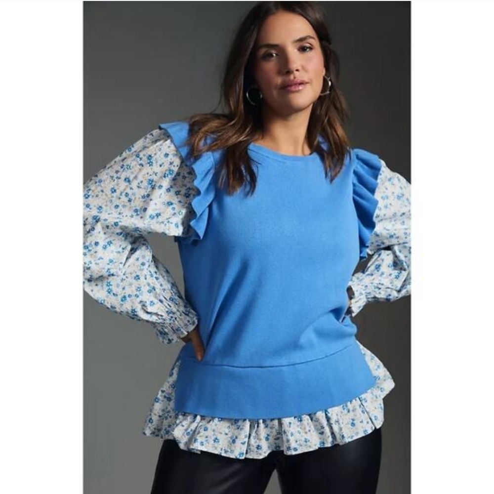 Anthropologie Twofer Blue Sweater Floral Puff Ruffle Sleeves Elastic Wrists 1X